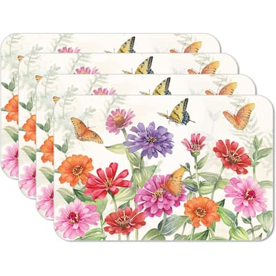 CounterArt Zinnias & Butterflies Reversible Easy Care Flexible Plastic Placemat 4 Pack Made in The USA