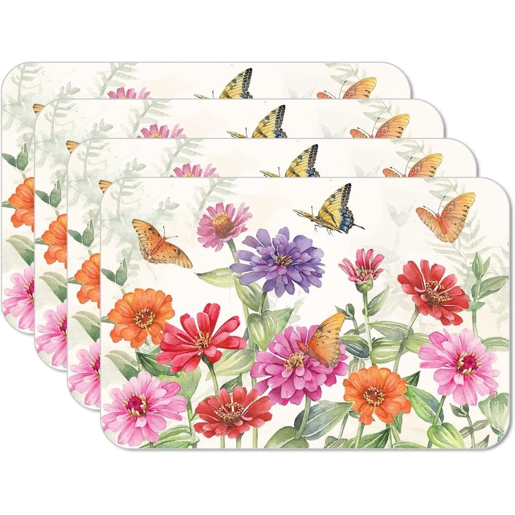 CounterArt Zinnias & Butterflies Reversible Easy Care Flexible Plastic Placemat 4 Pack Made in The USA