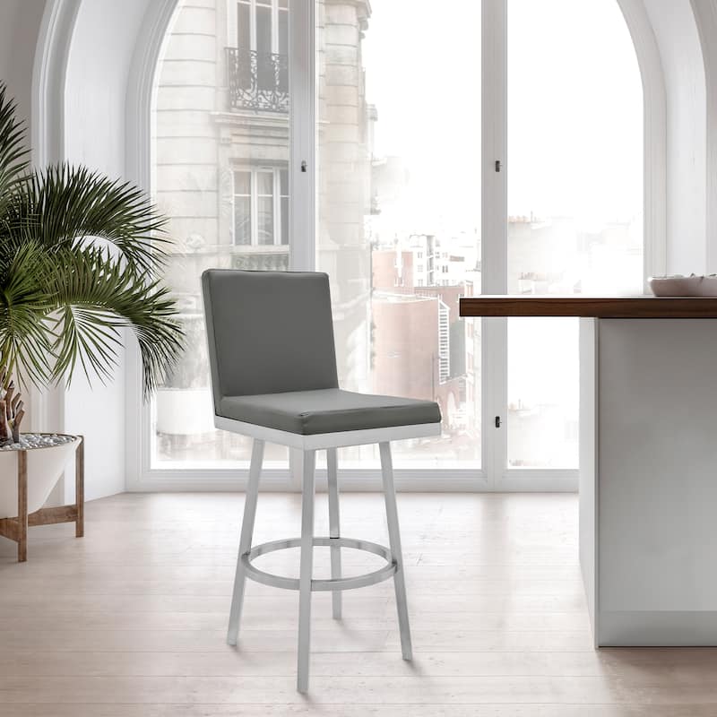 Gem Counter or Bar Stool in Faux Leather and Metal - Gray and Brushed Stainless Steel - Bar Height