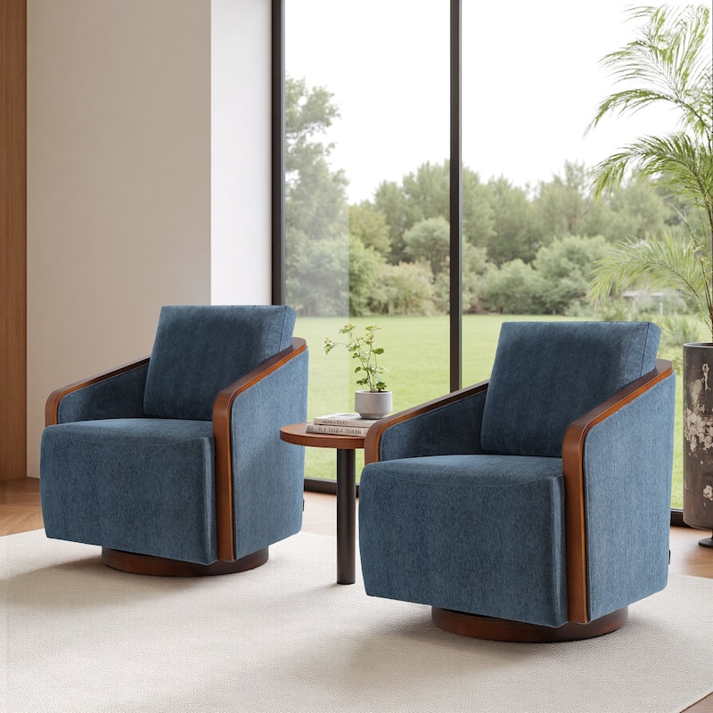Set of 2 Modern Swivel Accent Barrel Chairs with Wood Arms