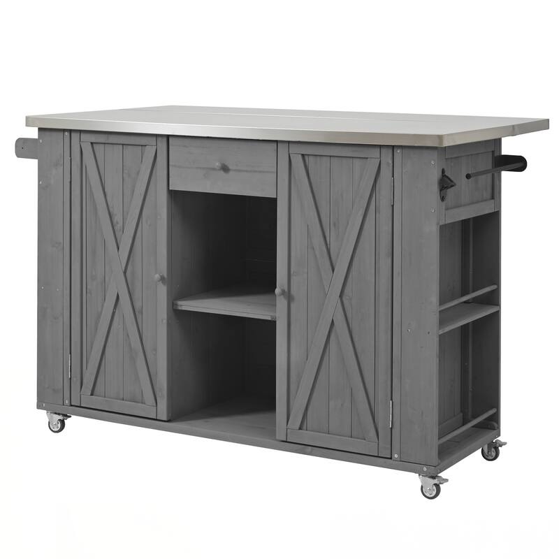 Outdoor Kitchen Island Fir Wood Kitchen Island with Stainless Steel Top, Ample Storage Space, Towel and Spice Racks
