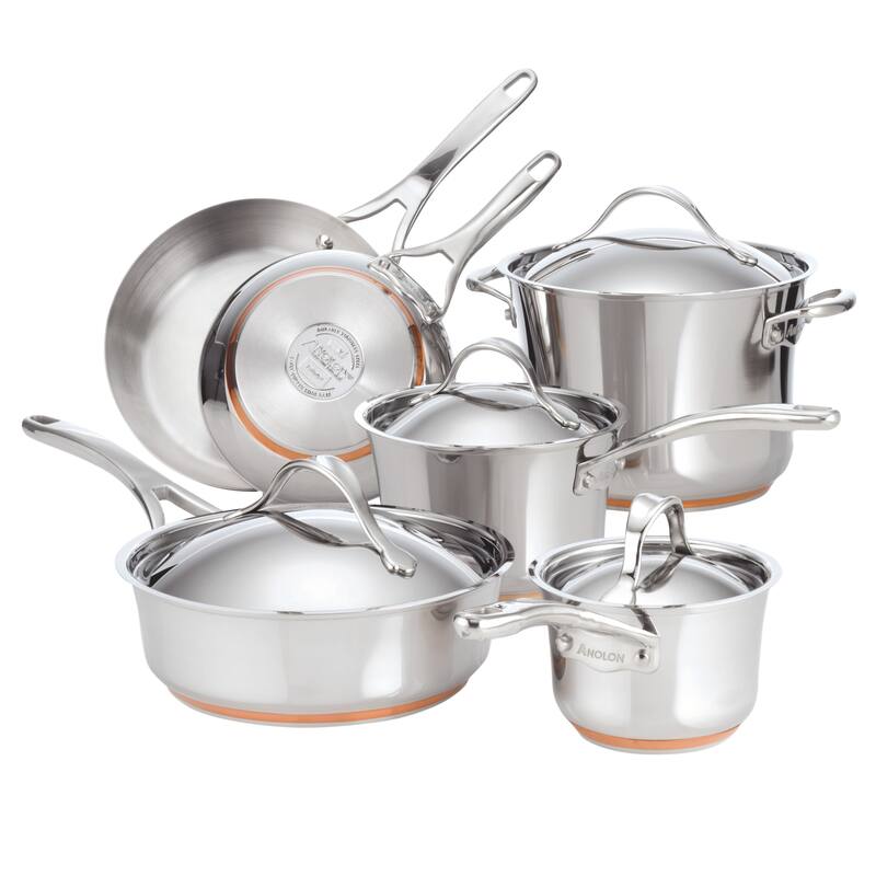 Anolon Nouvelle Copper Stainless Steel Cookware Pots and Pans Set, 10-Piece, Silver