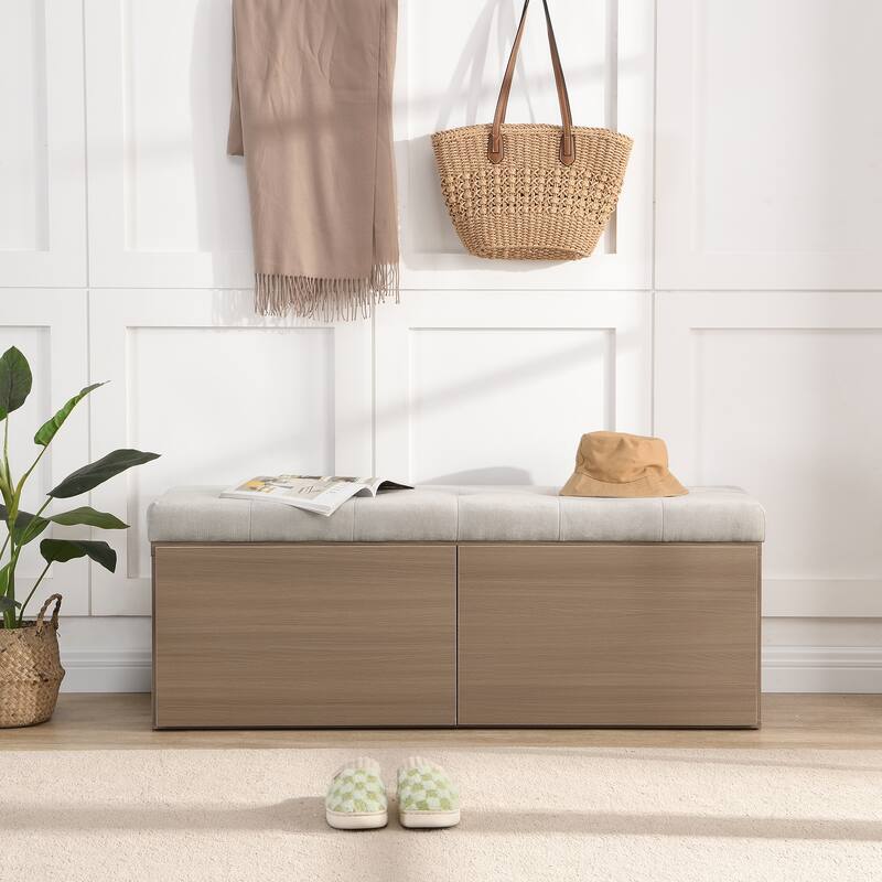 Wooden Shoe Storage Bench Entryway Tufting Bench w/ Adjustable Shelves聽 - Light Grey