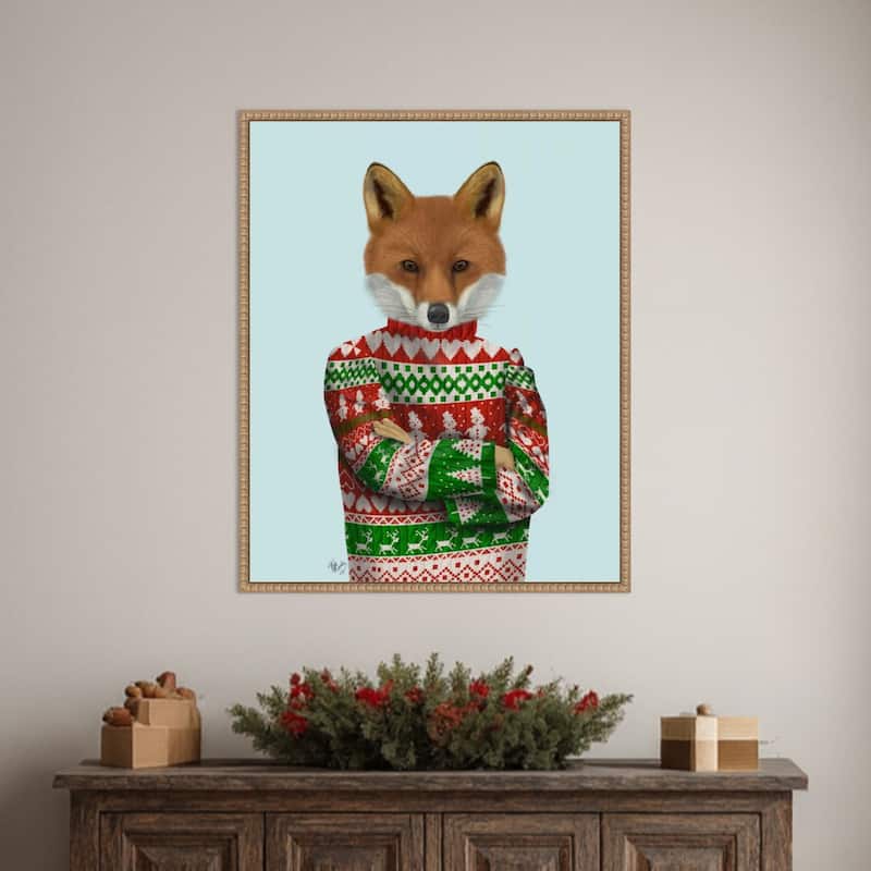 Fox in Christmas Sweater by Fab Funky (23 x 28 in.), Framed Canvas Wall Art Print - Sylvie Beaded Rustic Natural