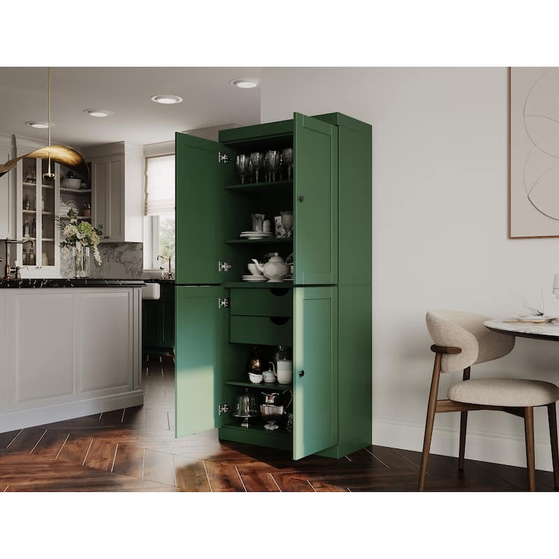 Palace Imports 100% Solid Wood 32" Pantry Cabinet with Shaker Doors, 2-Drawers and Adjustable Shelves - Green