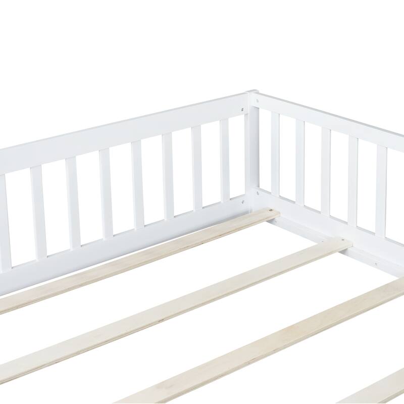 Roomfitters Twin/Full/Queen Rubber Wood Floor Bed with Fence and Swing Door, Safety Guardrails, Low Profile Design