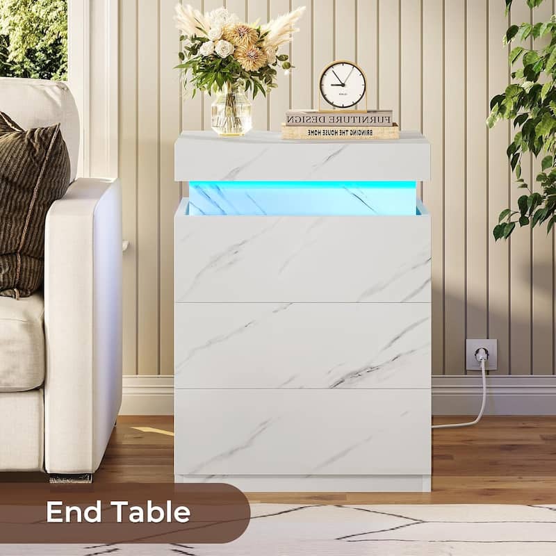 Bedroom Nightstand Charging Station LED Lights Sliding Top 3 Drawers
