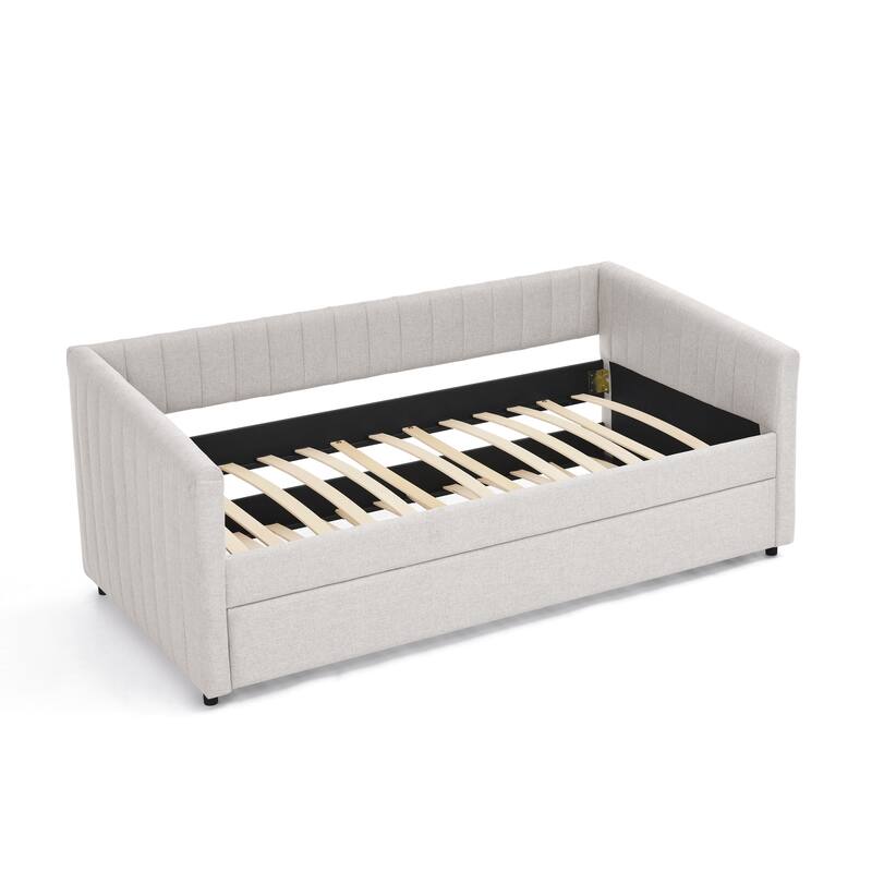 Twin Size Daybed with Trundle Upholstered Sofa Bed, with Vertical Stripes, Linen Fabric,(82.5"x43"x30")