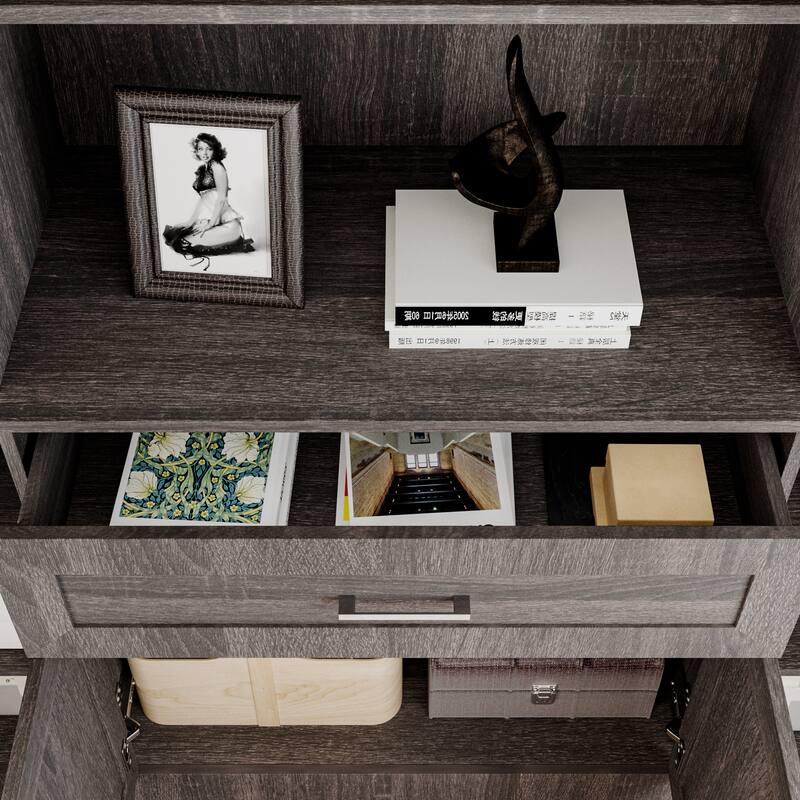 Modular Glass Door Bookcase Wall Unit with Storage Cabinets and Drawers, Dark Oak Display Hutch for Living Room or Home Office