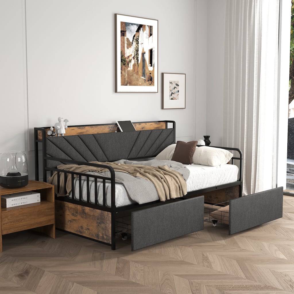 Compact Twin Daybed with Upholstered Headboard, Charging Station, and RGB LED Lighting