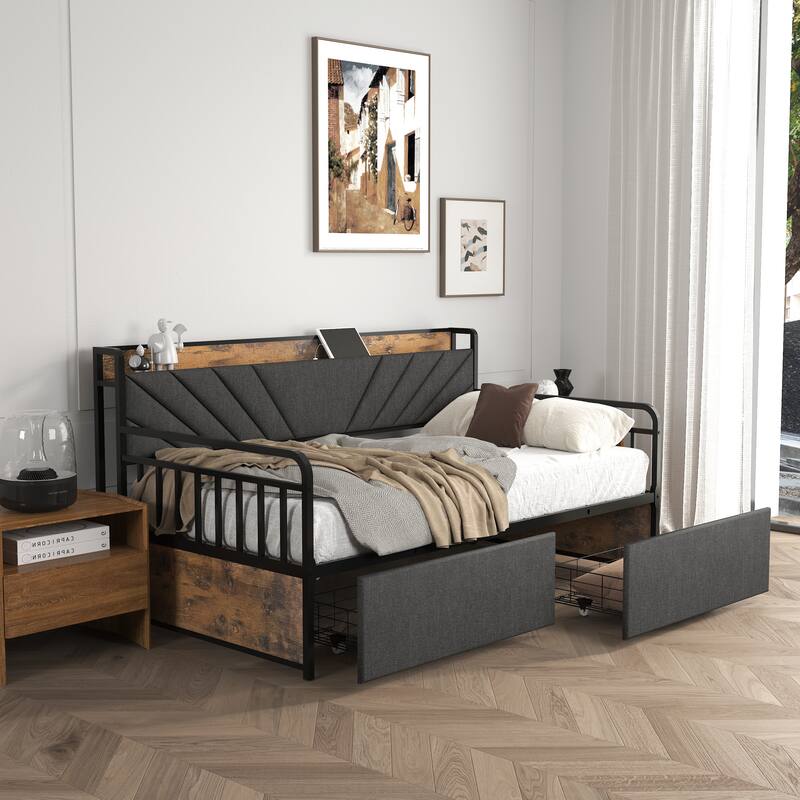 Compact Twin Daybed with Upholstered Headboard, Charging Station, and RGB LED Lighting - Black+Brown+Grey