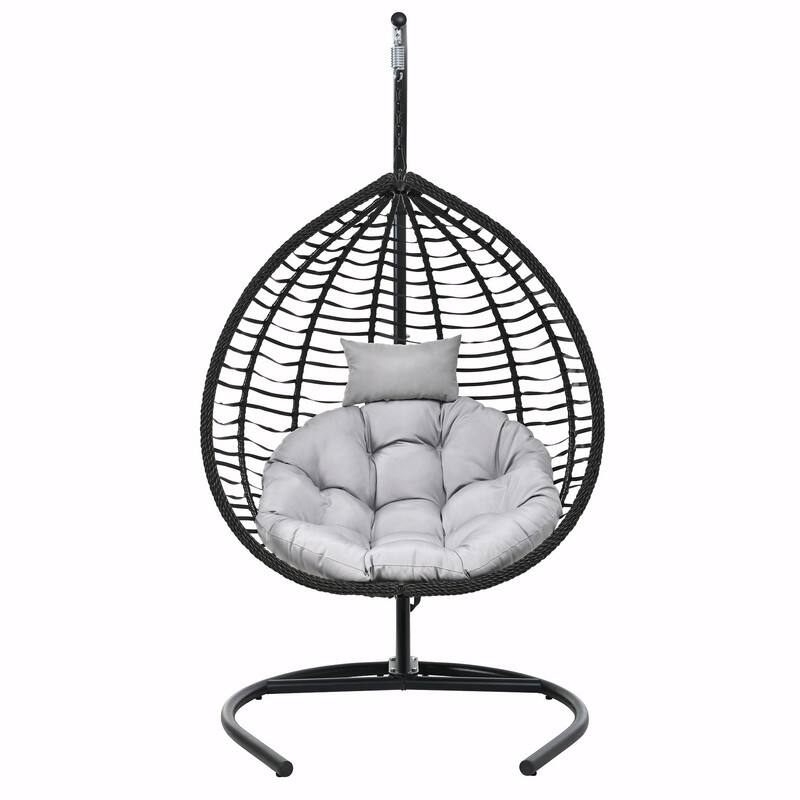 Indoor Outdoor Hanging Hammock Chair with Stand, Foldable Rattan Egg Swing Chair with Cushion & Headrest