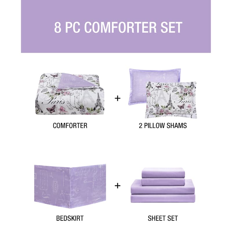 CEDAR COURT Paris Floral Lilac Soft Microfiber Reversible Comforter Set