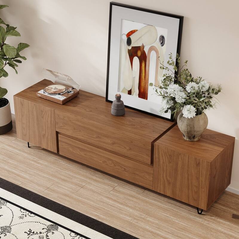 71" Walnut Finish TV Stand with Drawers & Closed Cabinets - Modern Media Console with Open Shelves