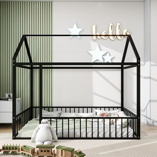 Black Twin Size Metal House Bed Frame with Fence and Roof for Kids, Teens, Girls, Boys