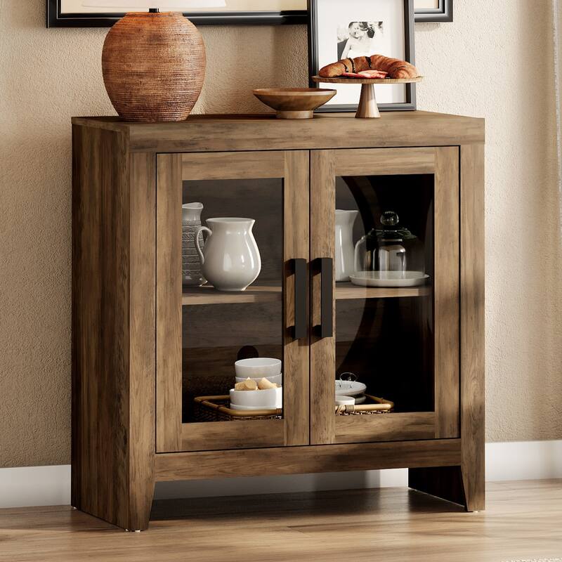 WAMPAT Modern Farmhouse Modular Buffet Cabinet, Glass Door Sideboard with Adjustable Shelves - Brown - 31 inches in width
