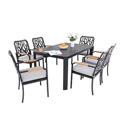 7 Piece Aluminum Patio Furniture Set, All Weather Outdoor Dining Table and Chairs Set with Umbrella Hole and Removable Cushions
