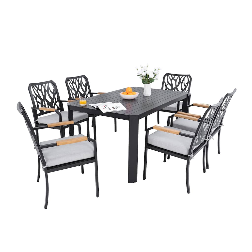 7-Piece Patio Dining Set - Rectangular Table with 6 Chairs, Sunbrella Cushions, Branch Back, Bourbon Brown