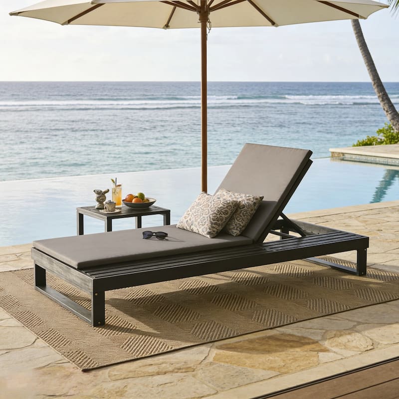 Christopher Knight Home - Modern Outdoor Acacia Wood Chaise Lounge with 4-Position Adjustable Backrest & 2-Fold Cushion - Black+Dark Gray