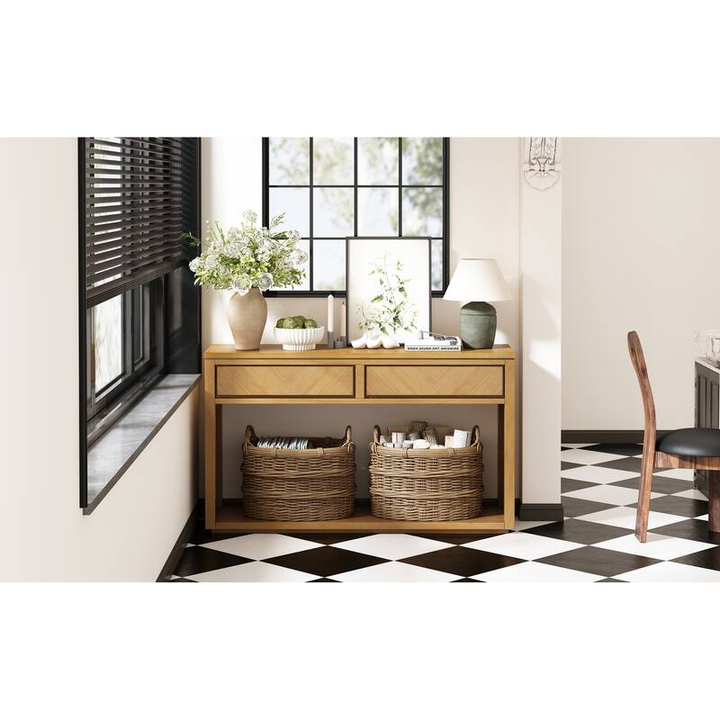 Rustic Wooden Console Table with Drawers and Shelf
