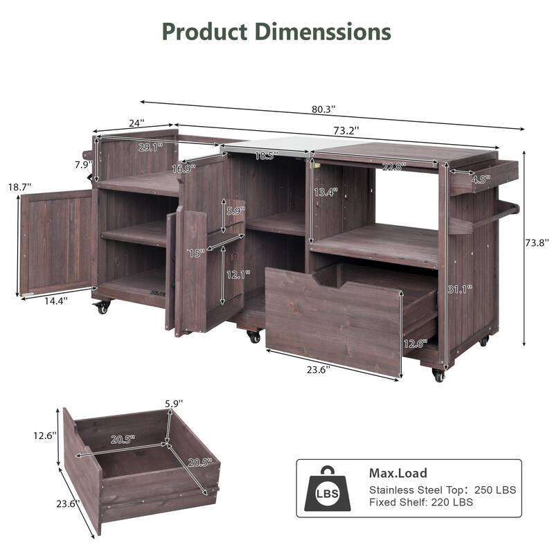 80.5" Solid Wood Outdoor Kitchen Island with Stainless Steel Top, Grill Cart Compatible with Big Green Egg & Blackstone