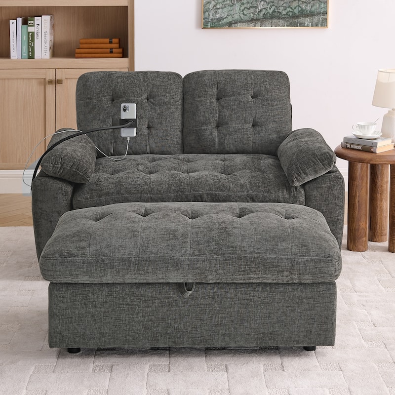 Double Recliner Chair with Adjustable Backrest, Storage Ottoman, USB Port & Phone Stand