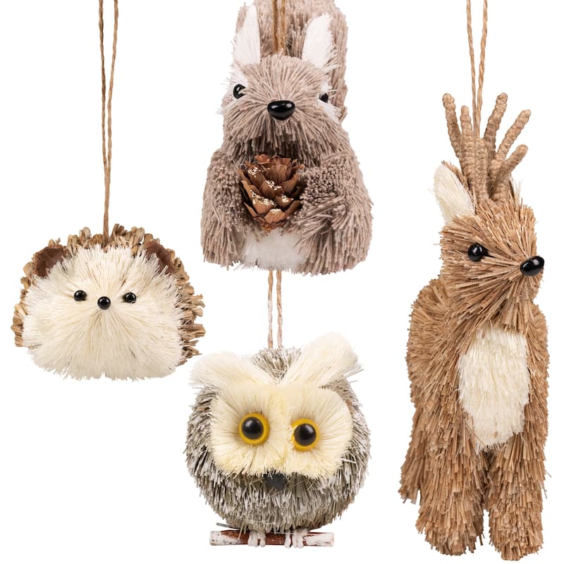 Woodland Critters Christmas Ornaments - 6" - Ivory and Brown - Set of 4