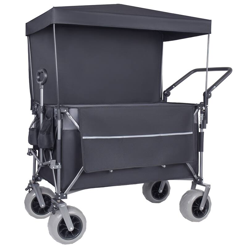 Multi-Functional Push-Pull Folding Wagon Cart with Rotating Handle & Canopy, 9"x4" Beach Tires, 300L Large Capacity