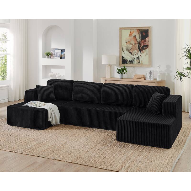 U-Shape Sleeper Sofa, Modular Corduroy Minimalist, Space-Saving - Black