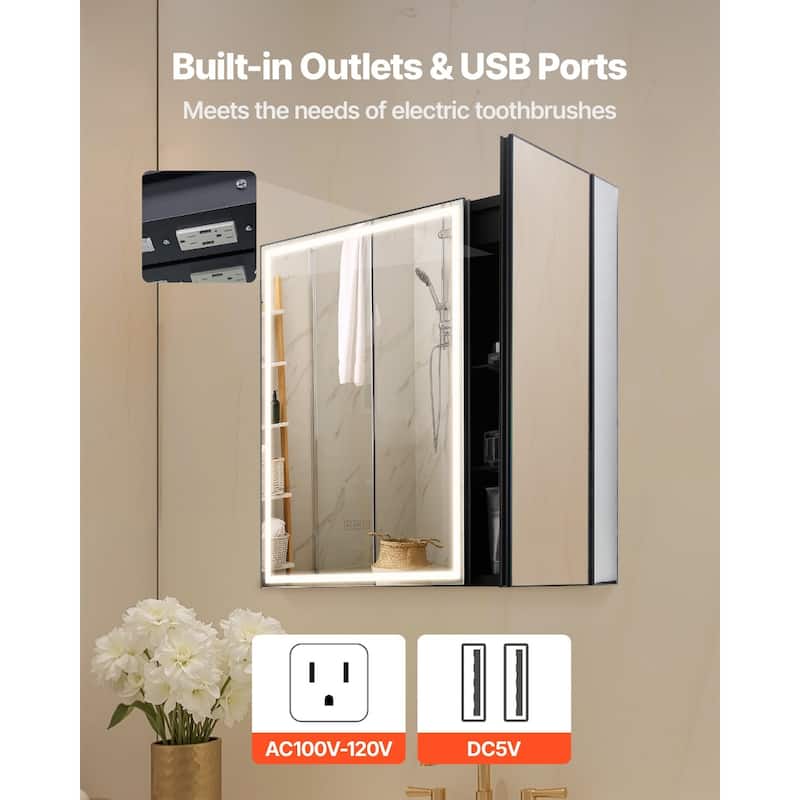 Wall Mount LED Lighted Bathroom Mirror Cabinet with Anti-Fog and Dimmable Built-In Socket - 29.9” x 4.9” x 27.9”