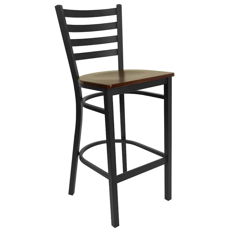 Ladder Back Metal Restaurant Barstool - 17"W x 18"D x 42.25"H - 17"W x 18"D x 42.25"H - Mahogany Wood Seat/ Black metal Frame