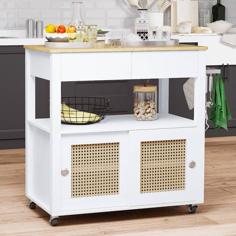 Moasis Rattan Rolling Kitchen Island with Storage Cabinet - 32.2"L x19.5"W x 35"H
