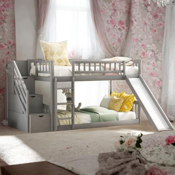 slide 2 of 34, Twin Over Twin Bunk Bed With Drawers With Convertible Ladder And Slide Grey
