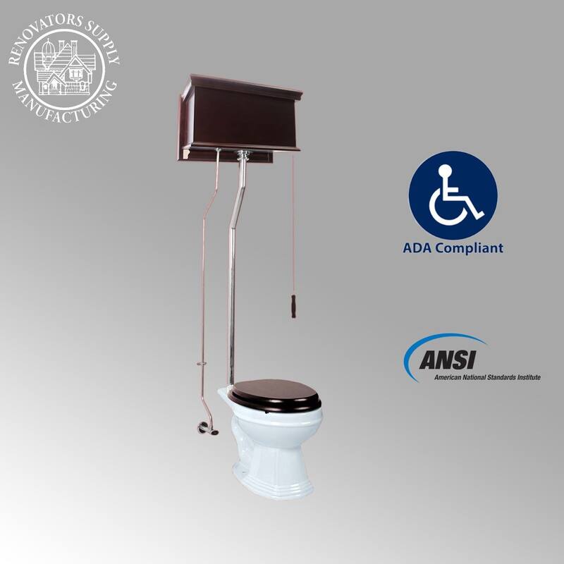 High Tank Pull Chain Toilet Dark Oak Wooden Raised Tank 59" to 74" Chrome Z Pipe and Elongated White Bowl Renovators Supply