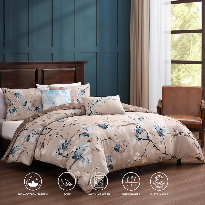 Bebejan Blue Blossom 100% Cotton Sateen 5 Piece Reversible Comforter Set