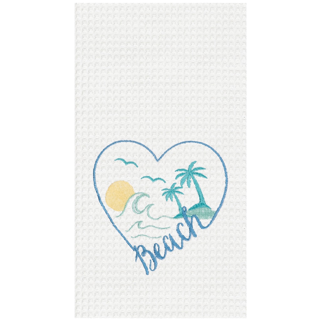 Beach Heart Embroidered Cotton Waffle Weave Kitchen Towel
