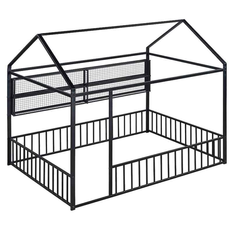 Metal Floor House Bed Frame with Fence and Shelves - Black - Full