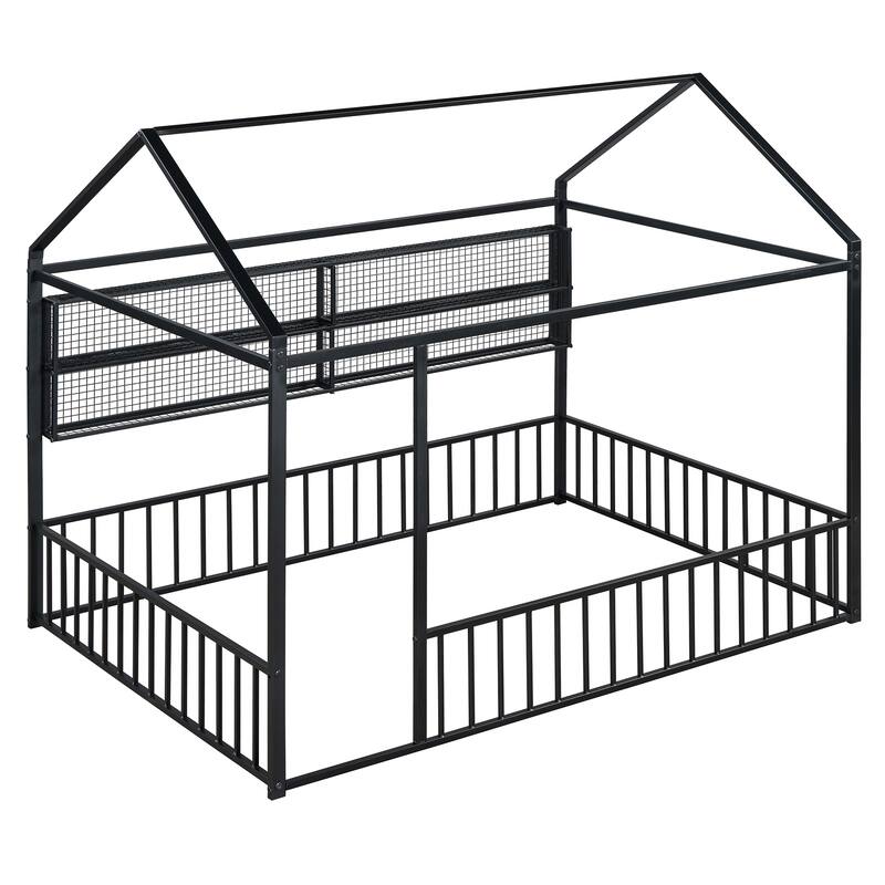 Metal House Bed Frame Kids Montessori Bed Floor Bed with Fence and Shelves for Kids Girls Boys