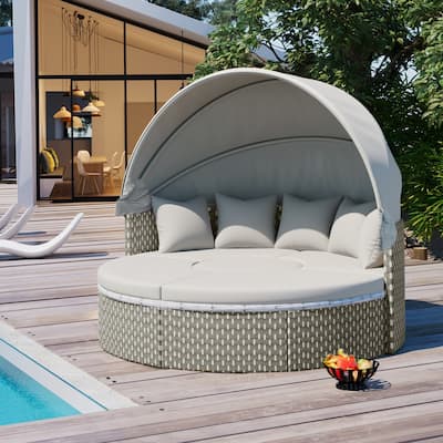 Round Wicker Outdoor Day Bed with Retractable Canopy