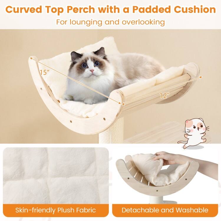 Natural Wooden Cat Tree Tower with Condo Hammock Perch and Scratching Posts 55 Inch Multi Level