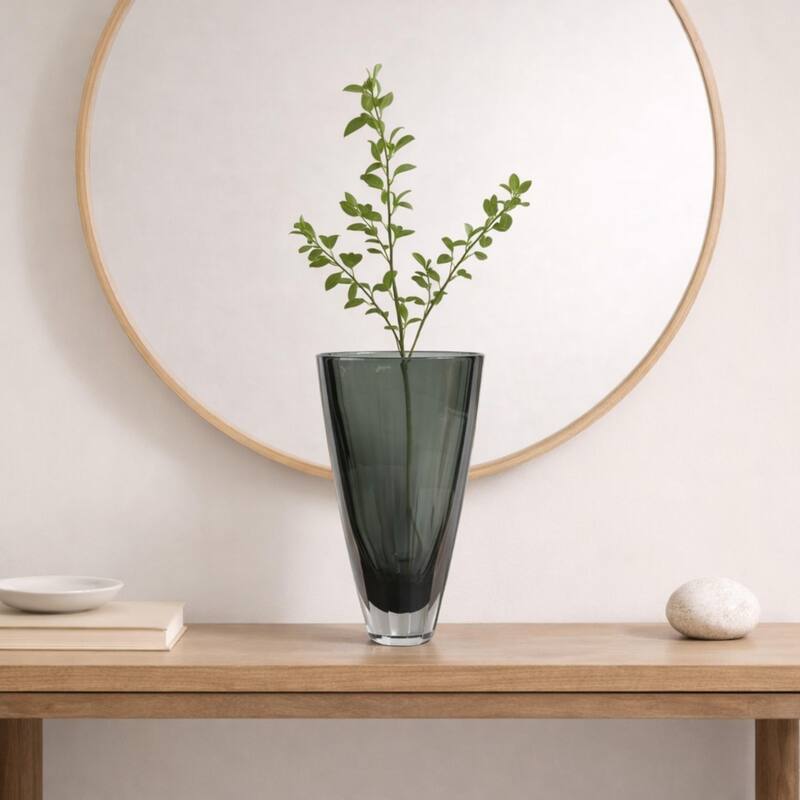 Large Fancy Cut Smoky Gray Glass Vase Modern Decorative Accent