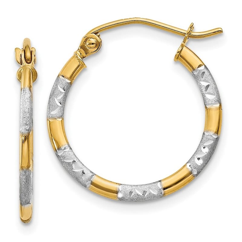 Curata 14k Yellow Gold Satin and Rhodium Sparkle Cut 1.5x19mm Hoop Earrings