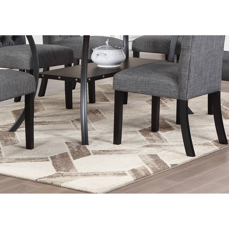 Modern Classic Dining Room Furniture Natural Wood Round Dining Table 4x Side Chairs Charcoal Fabric Tufted Roll Back Top