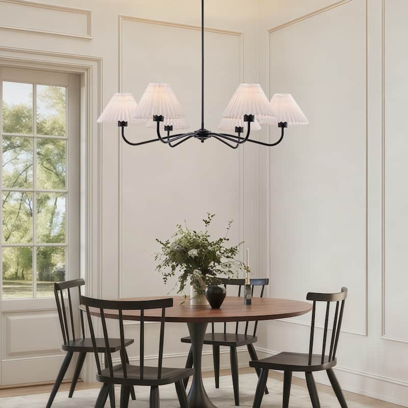 Starsky 6-Light Chandelier with Pleated Fabric Shades Handmade Black & Gold for Dining Room, Kitchen, Living Room and Foyer