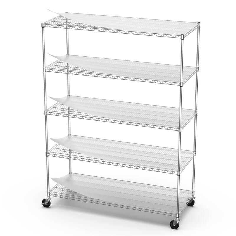 Adjustable 5-Tier Storage Rack with Heavy-Duty Capacity, Wheel Functionality, and Shelf Liners