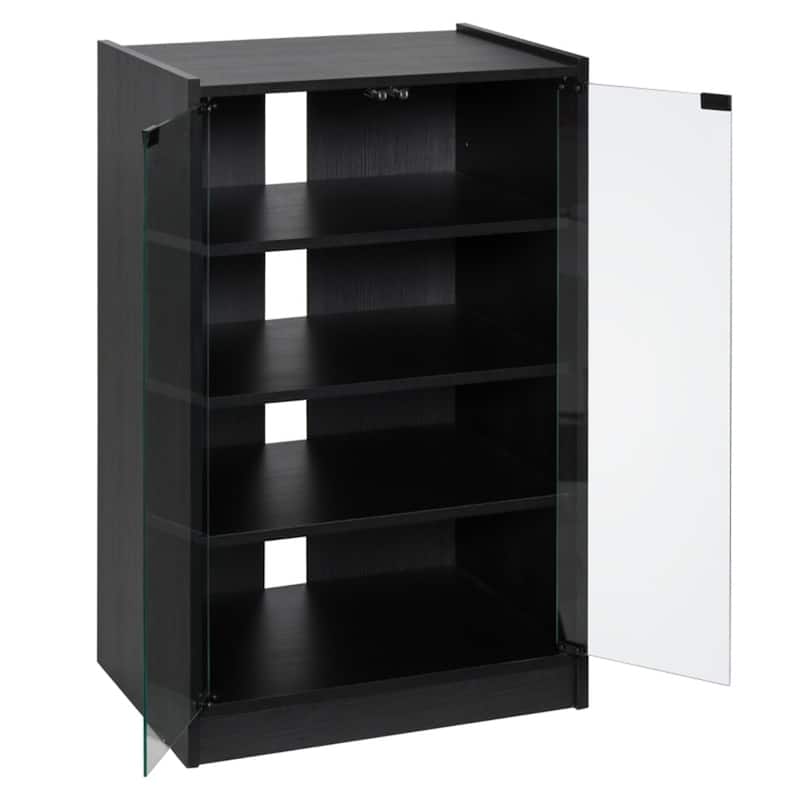 Distressed Black Media Stand with Tempered Glass Door Adjustable Shelves and Cable Management - 21.25" W x 15.75" D x 35.75" H