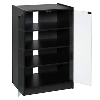 Distressed Black Media Stand with Tempered Glass Door Adjustable Shelves and Cable Management - 21.25" W x 15.75" D x 35.75" H