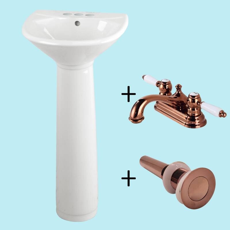 Ondine White Ceramic Pedestal Sink with Rose Gold Plated 4" Centerset Faucet, Drain and Overflow