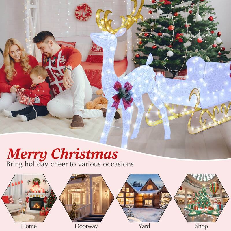 Costway Lighted Christmas Reindeer and Sleigh with 215 White LED - See Details