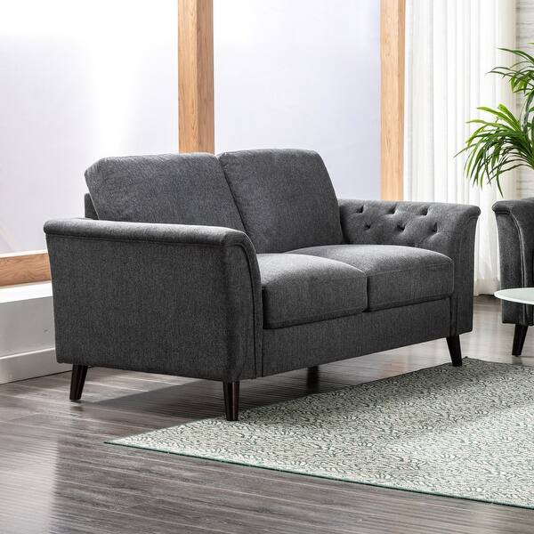 Stanton Dark Gray Linen Loveseat with Tufted Arms - Bed Bath & Beyond ...